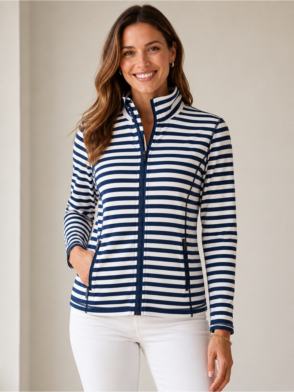 J. McLaughlin Navy White Striped Full Zip Jacket Top Women’s Stretch Mock Neck